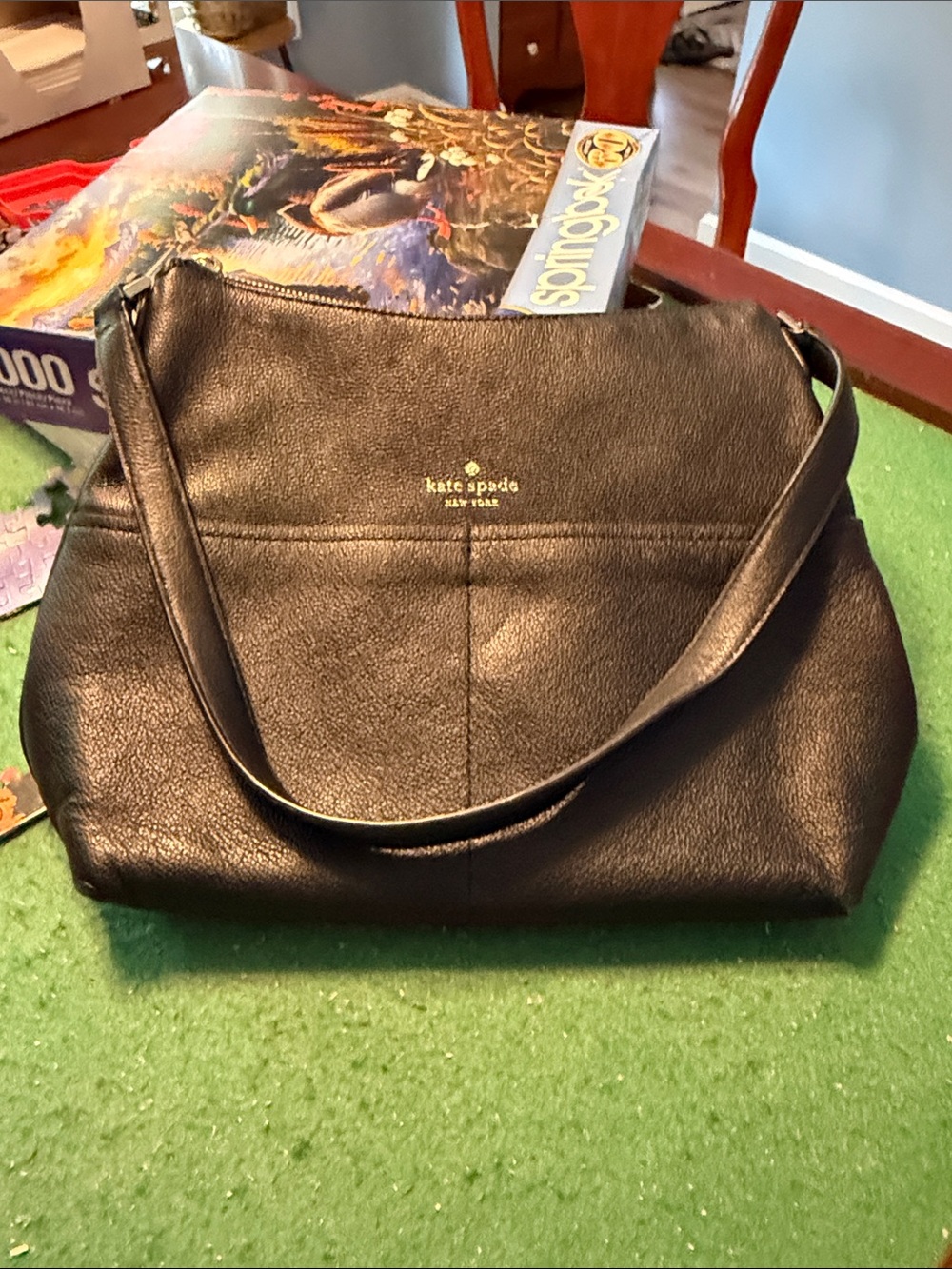 kate spade Black Pebbled Leather Shoulder Bag with Gold Logo Accent